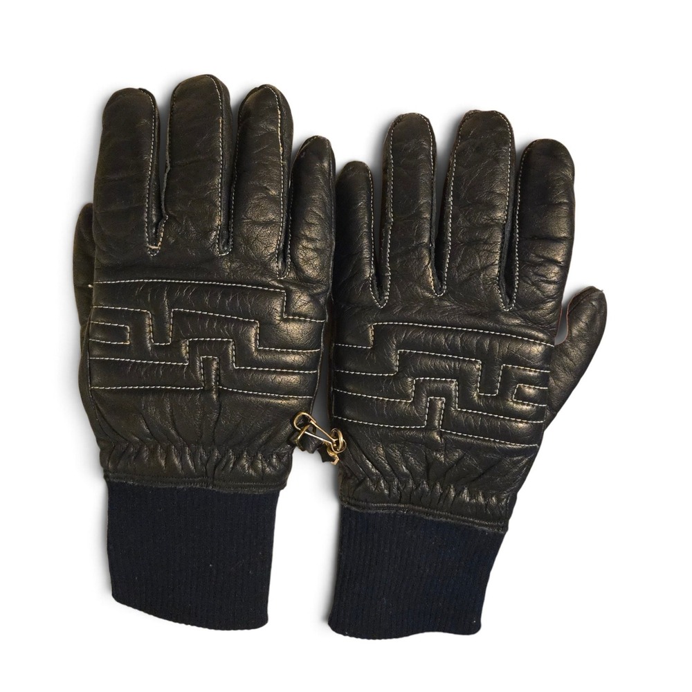 VTG Grandoe Gloves Black Leather Women Large Knit Cuff Contrast Stitch Geometric